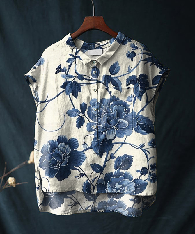 Vintage Floral Print Short-sleeved Cotton & Linen Shirt