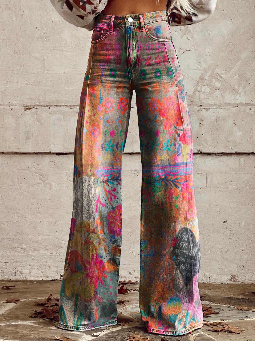 Retro Bohemian Floral Heart Casual Wide-Leg Pants