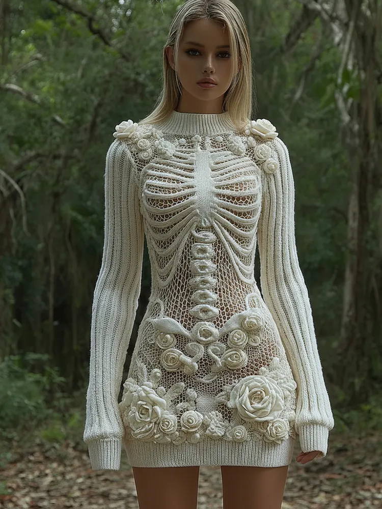 Women's Vintage Skull Rose Art Comfortable Elegant Sweater Dress