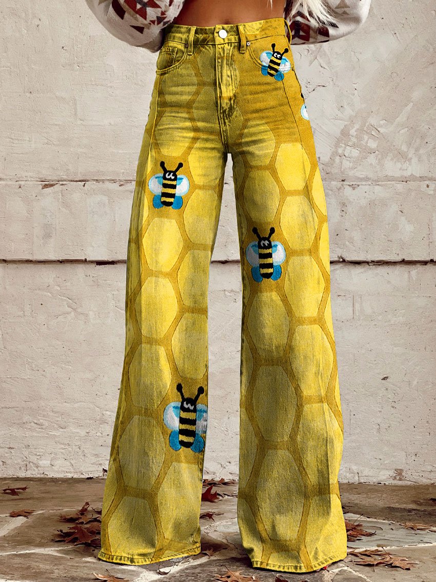 Vintage Bee Print Casual Wide-Leg Pants