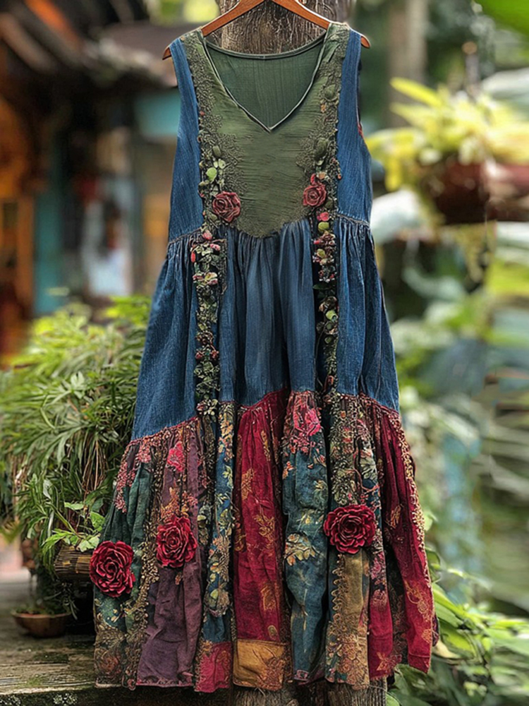 Women's Vintage Rose Floral Print Patchwork Denim Dress
