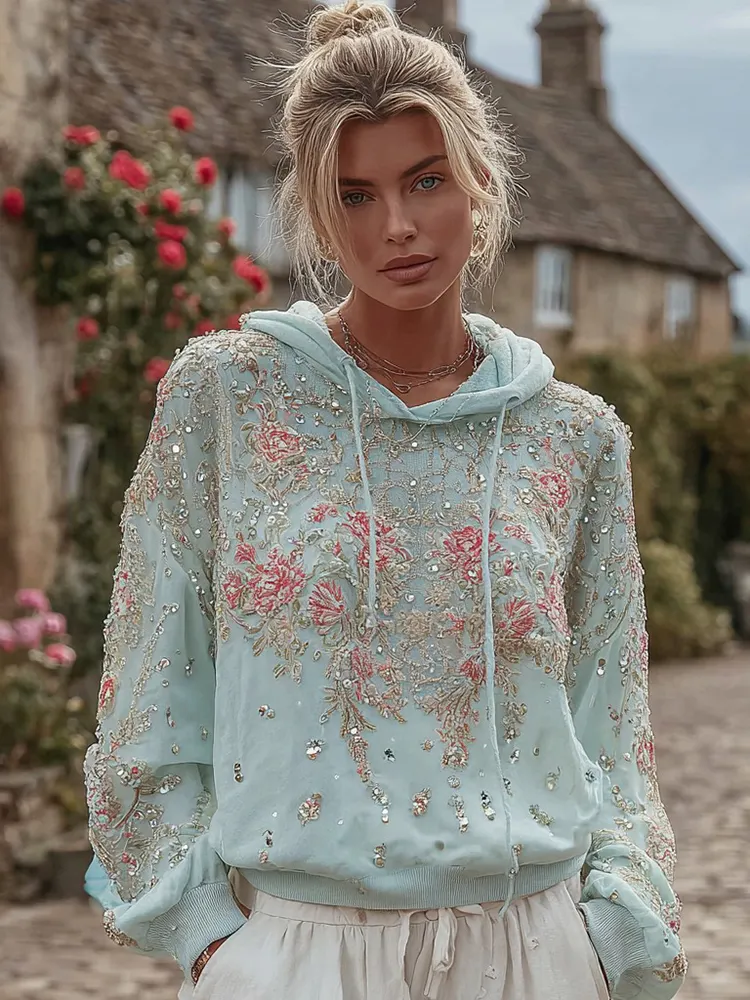 Women's Bohemian Floral Sequin Embroidered Hoodie
