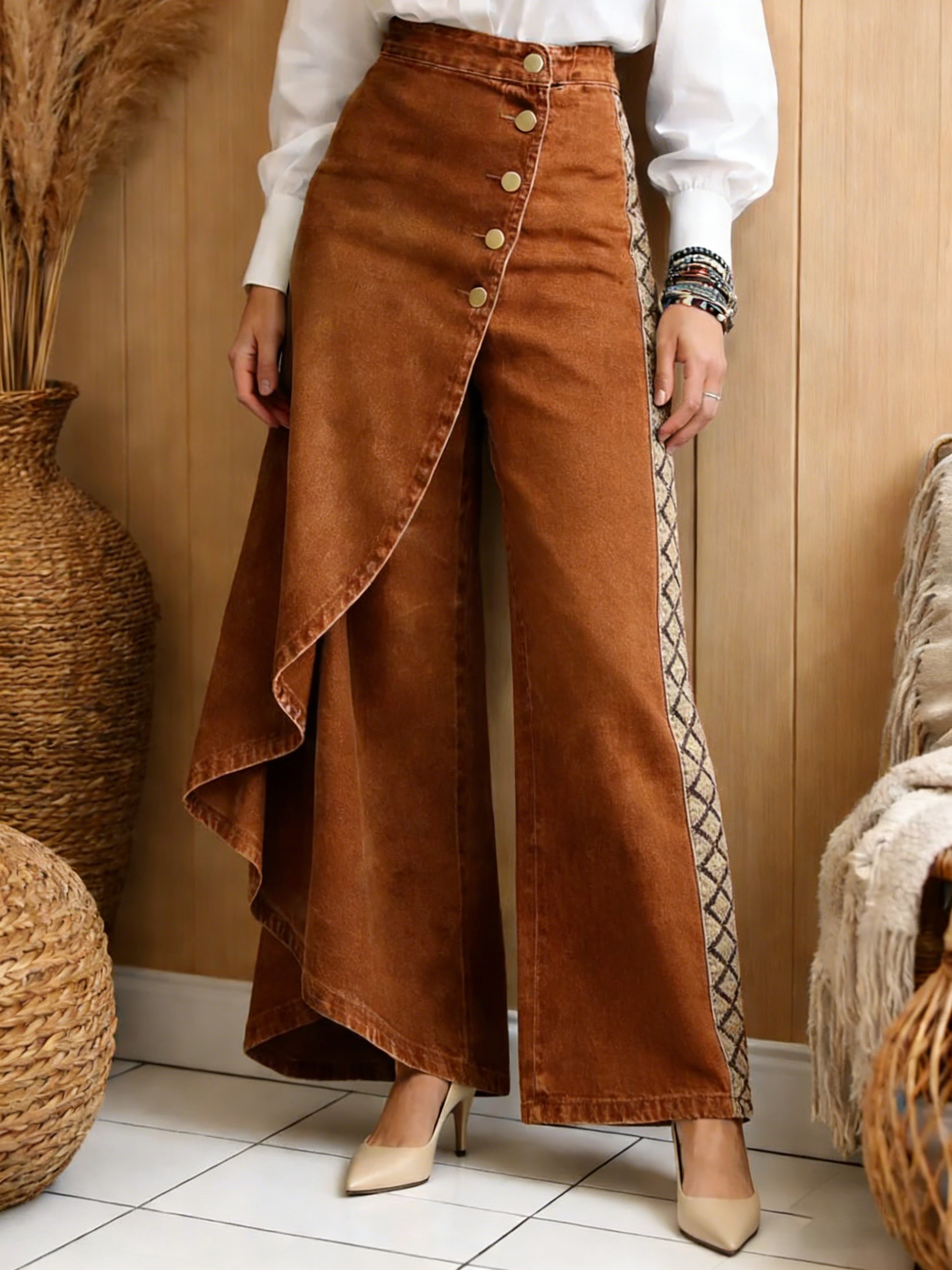 Art Print Casual Washed Denim Cotton Pants