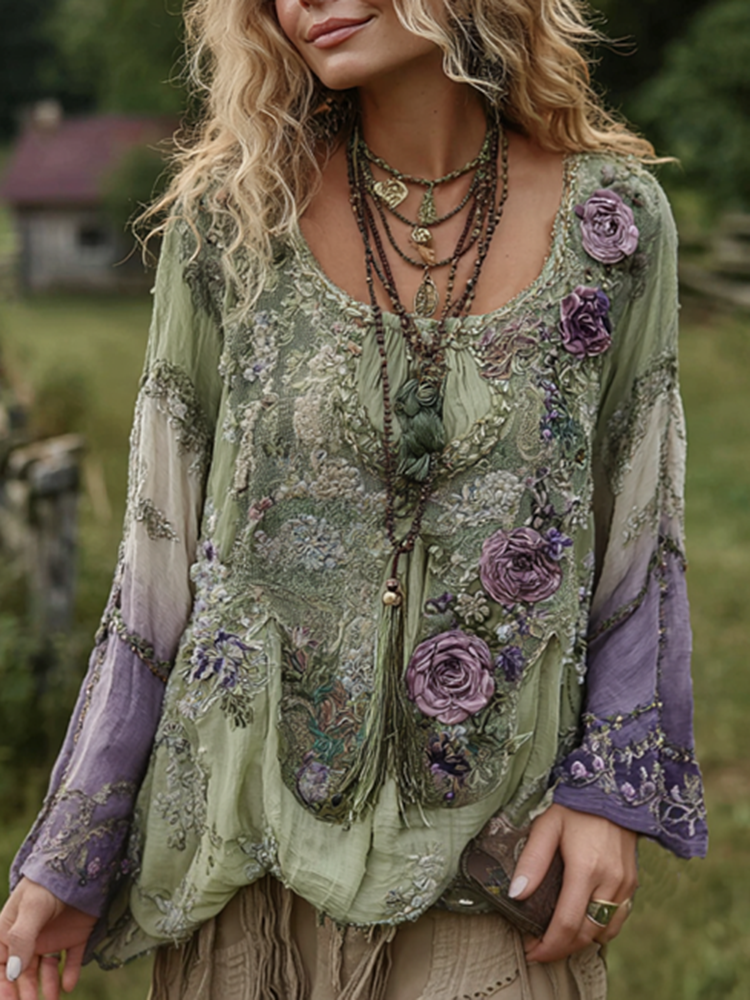 Vintage Purple Lavender And Floral Embroidered Long Sleeve Shirt
