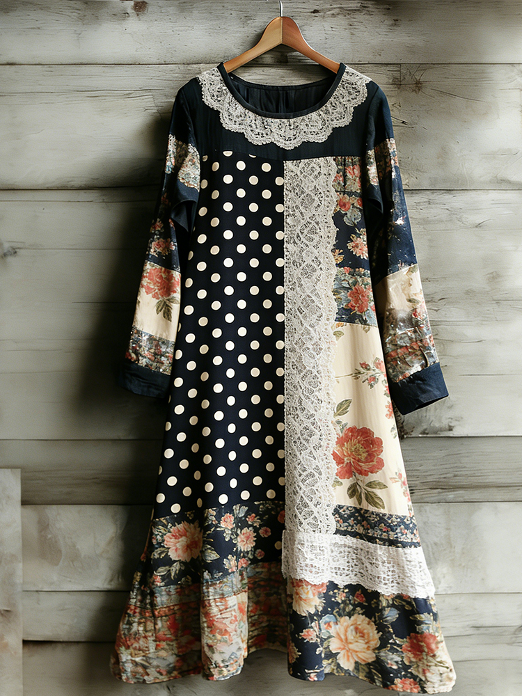 Floral Polka Dot Lace-up Round Neck Long Sleeve Dress