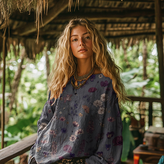 Vintage Floral Print Cotton & Linen Loose Top