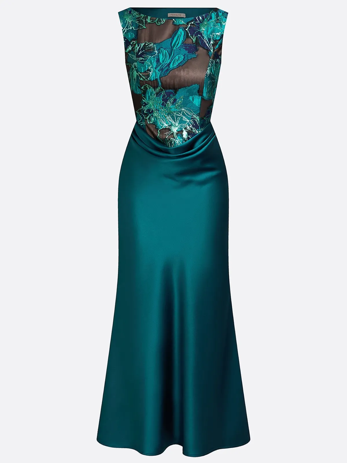 Cyan Jacquard Ruched Satin Boat Neck Sleeveless Sheath Floor-length Gown