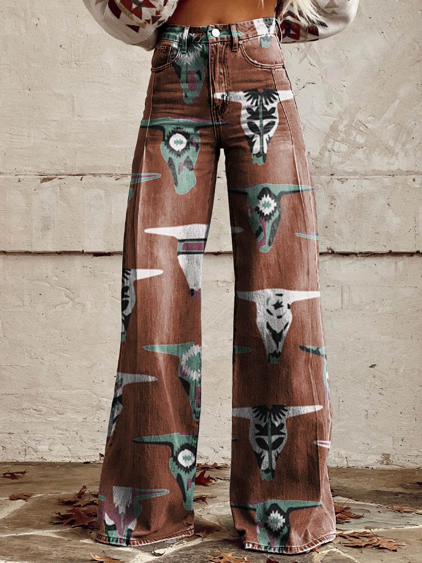 Brown Cow Skull Casual Wide-Leg Pants