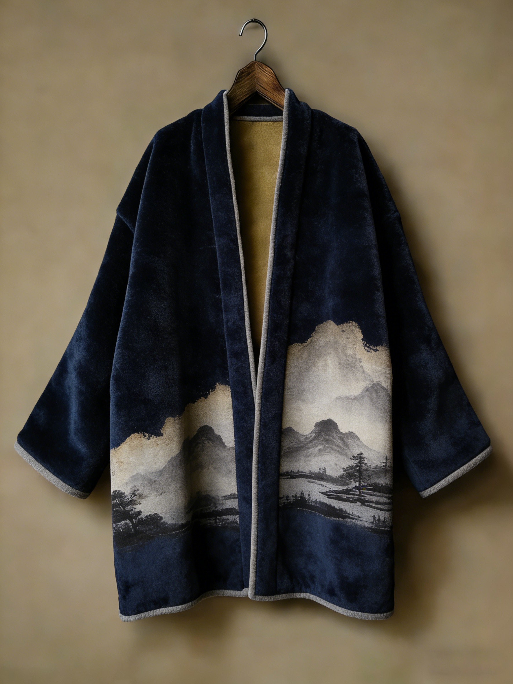 Oriental aesthetic printed flannel embroidered medium and long kimono cardigan