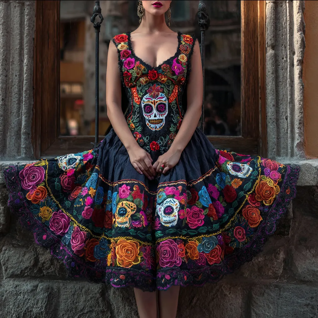 Day Of The Dead Sugar Skulls Roses Floral Linen Evening Dress