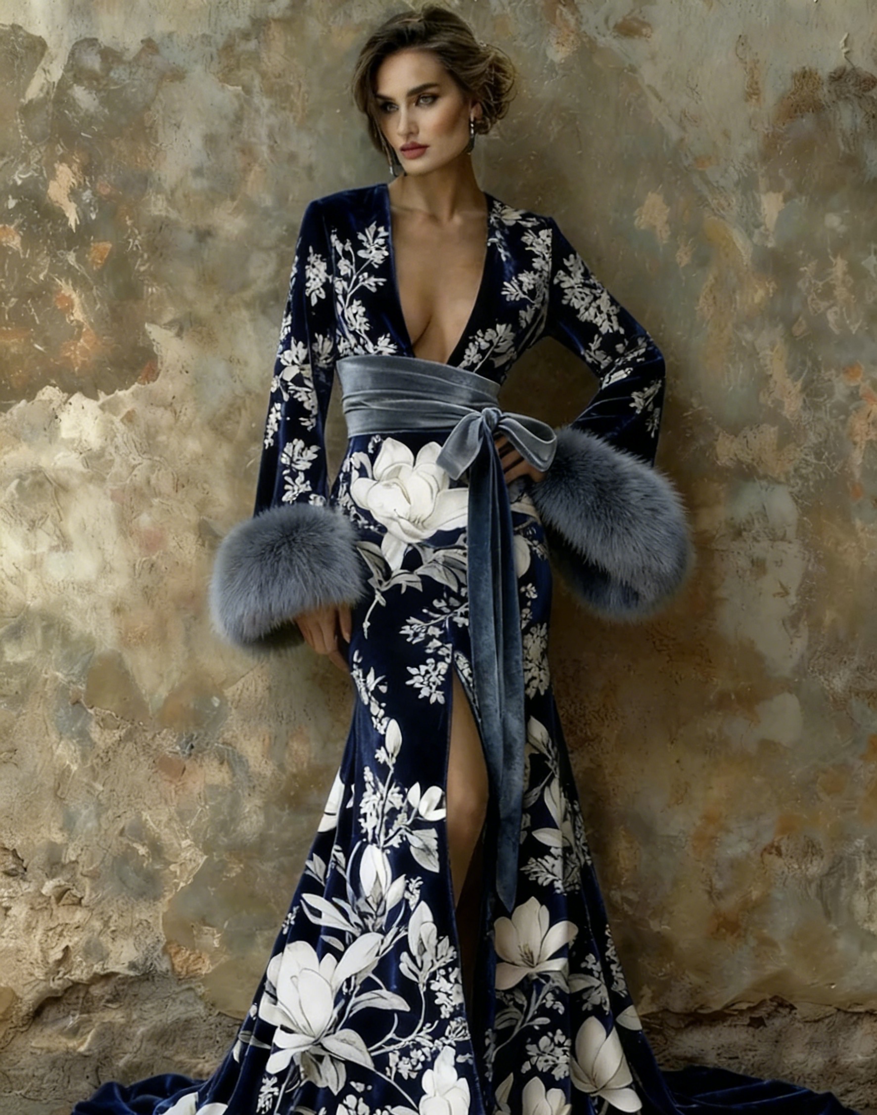 Artistic floral print plush kimono robe, autumn/winter long robe with sash.