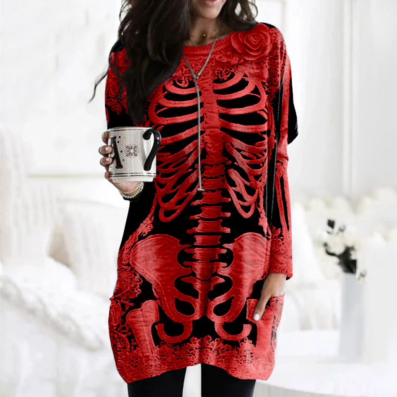 Women's Halloween Skeleton Bones With Rose Art Cozy Knit Turtleneck Mini Sweater Dress