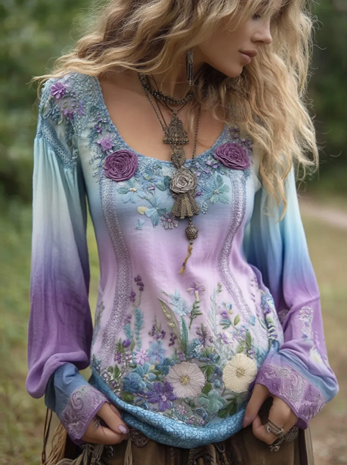 Classy Gradient Purple Lavender And Floral Embroidered Long Sleeve Shirt