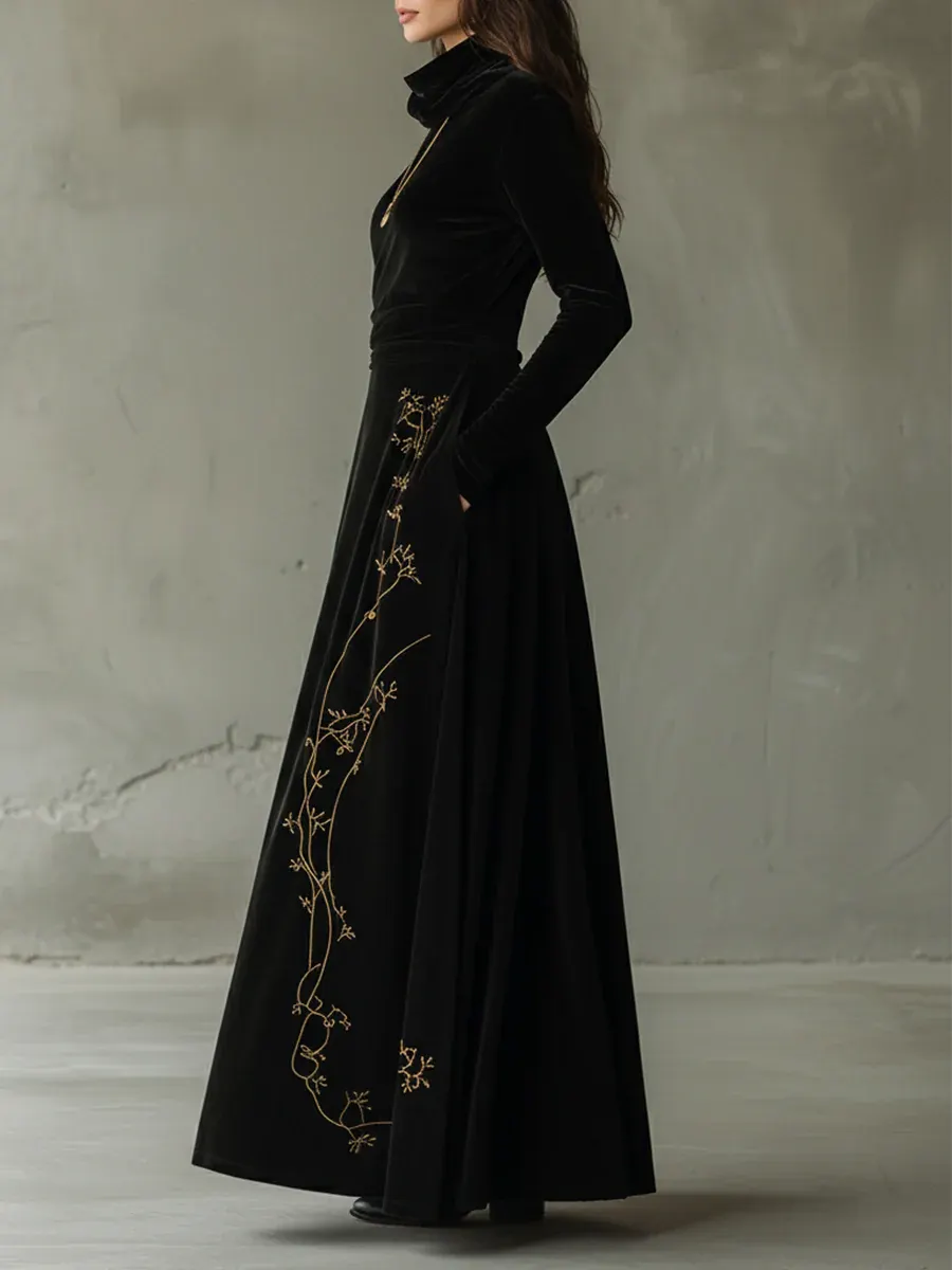 Black Pile Collar Velvet Embroidered A-line Maxi Dress