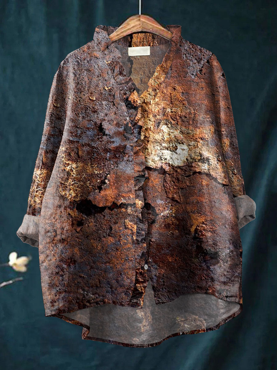 Vintage Rust Art Print Casual Cotton & Linen Ruffle Shirt