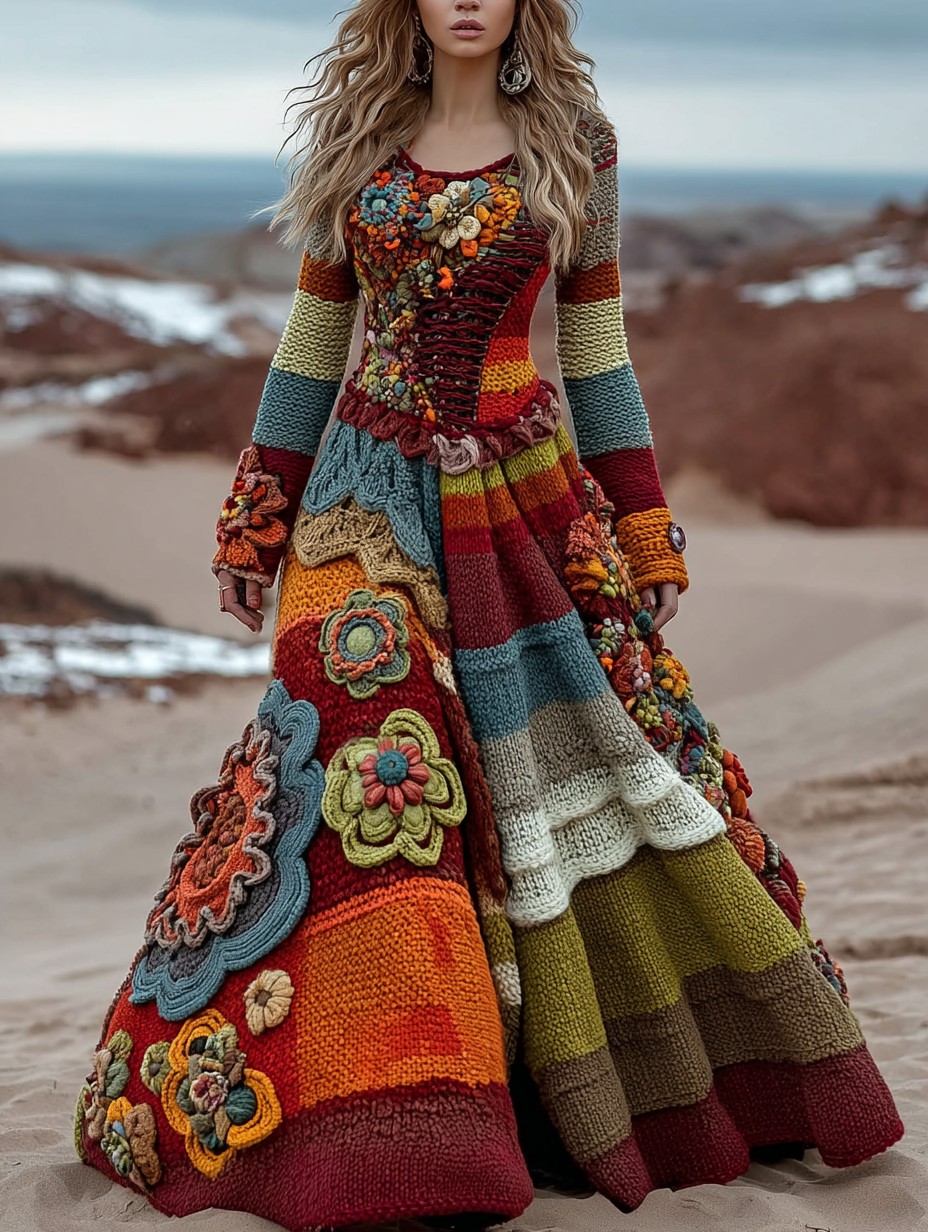 Vintage Floral Crochet Colorblock Cozy Maxi Sweater Dress