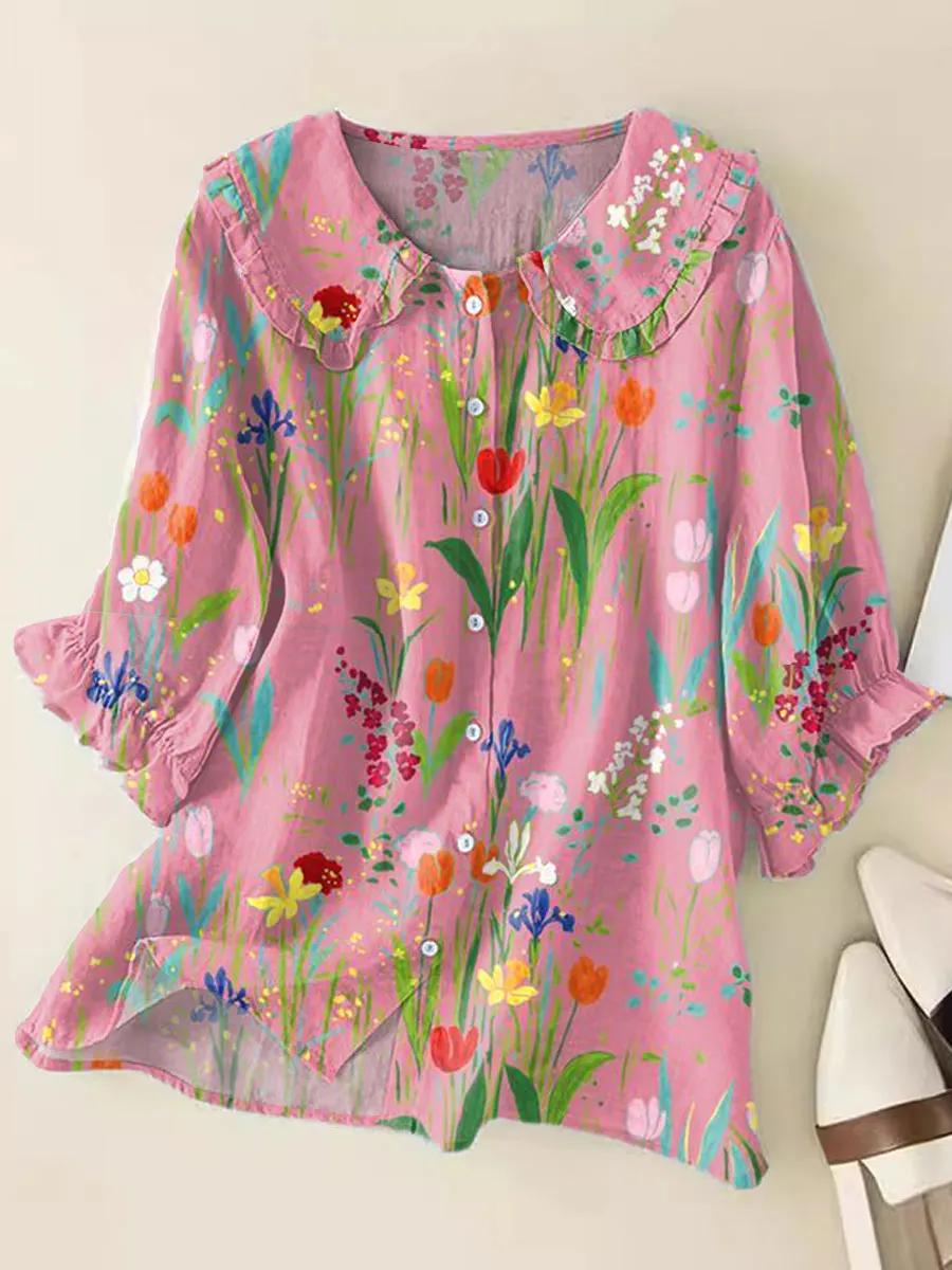 Vintage Flowers Art Print Loose Top Peter Pan Collar Half Sleeve Blouses