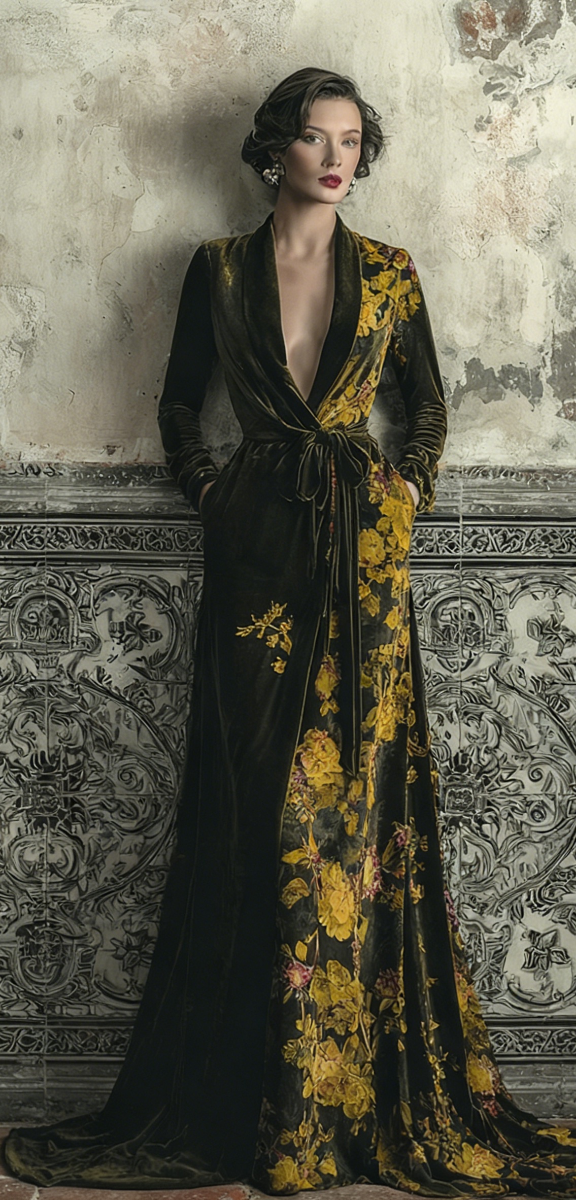Women's Vintage Ornate Slim Fit Green Velvet Robe (belt Included)