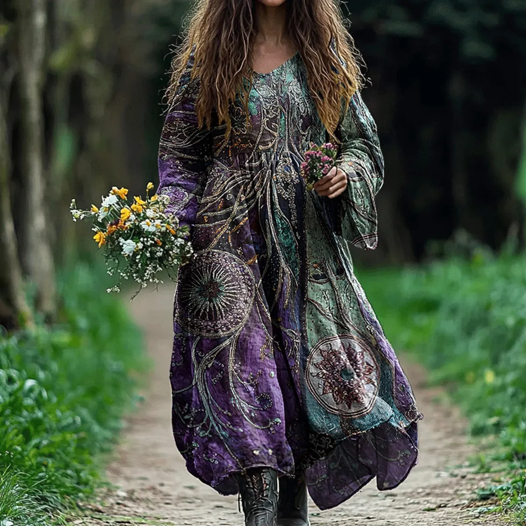 Vintage Viking Violet Tribal Pattern Comfy Maxi Dress