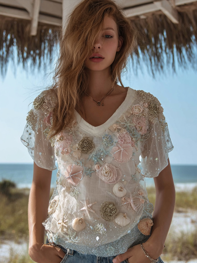 Vintage Bohemian Style Marine Art Comfy V-neck Short Sleeves