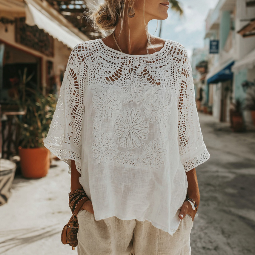 Women's Lace Embroidered Floral Crew Neck T-shirt