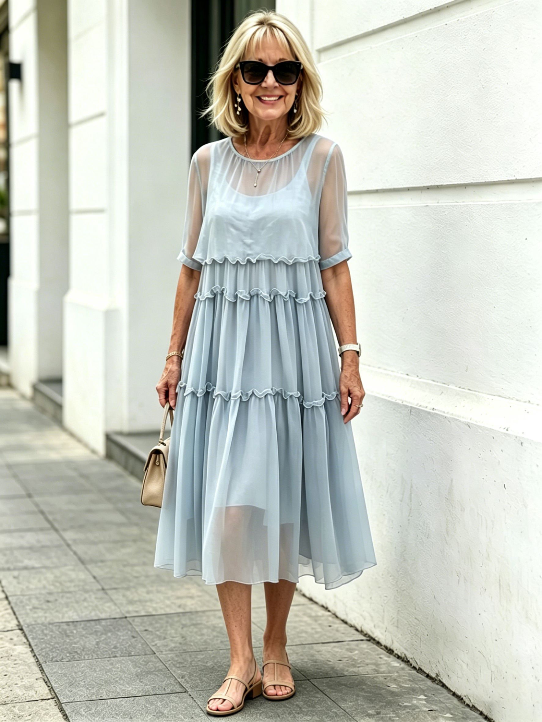 Light Blue Tiered Ruffle Midi Dress