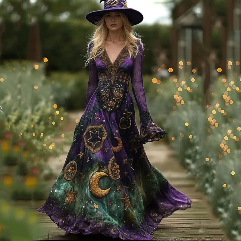 Women's Boho Witch Gradient Tarot Star And Moon Design Witch Maxi Evening Dress