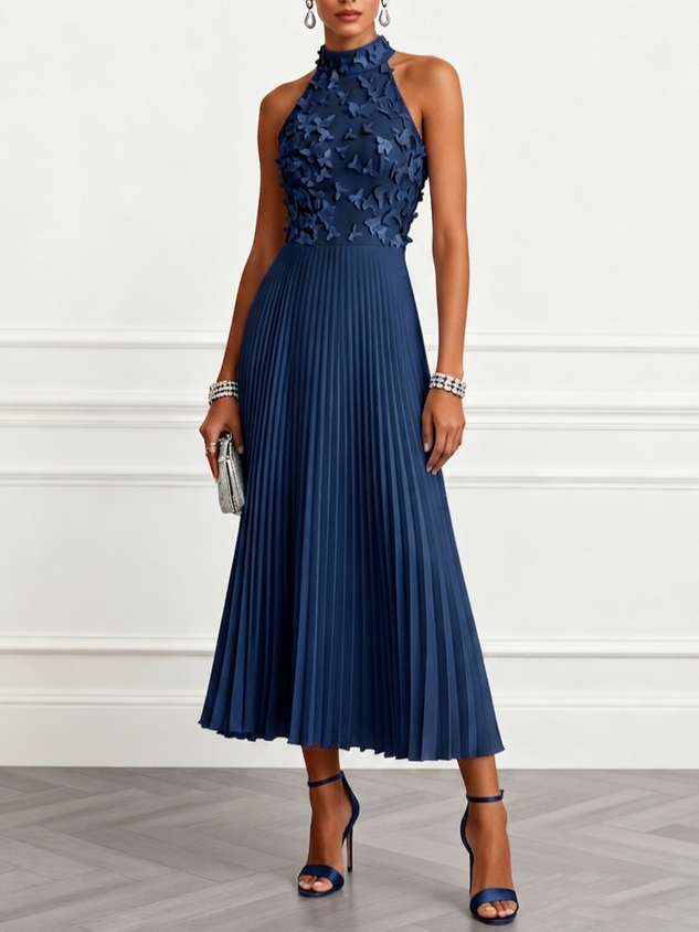 Purplish Blue 3D Floral Classic Halter Neck Sleeveless A-Line Midi Dress