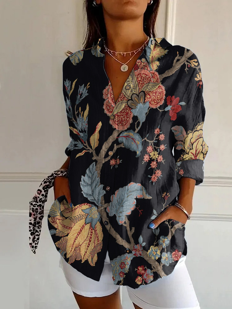 Vintage Floral Print Casual Long Sleeve Shirt