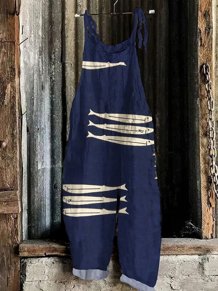 Retro Sardinas Ocean Fish Art Print Linen Loose Casual Jumpsuit