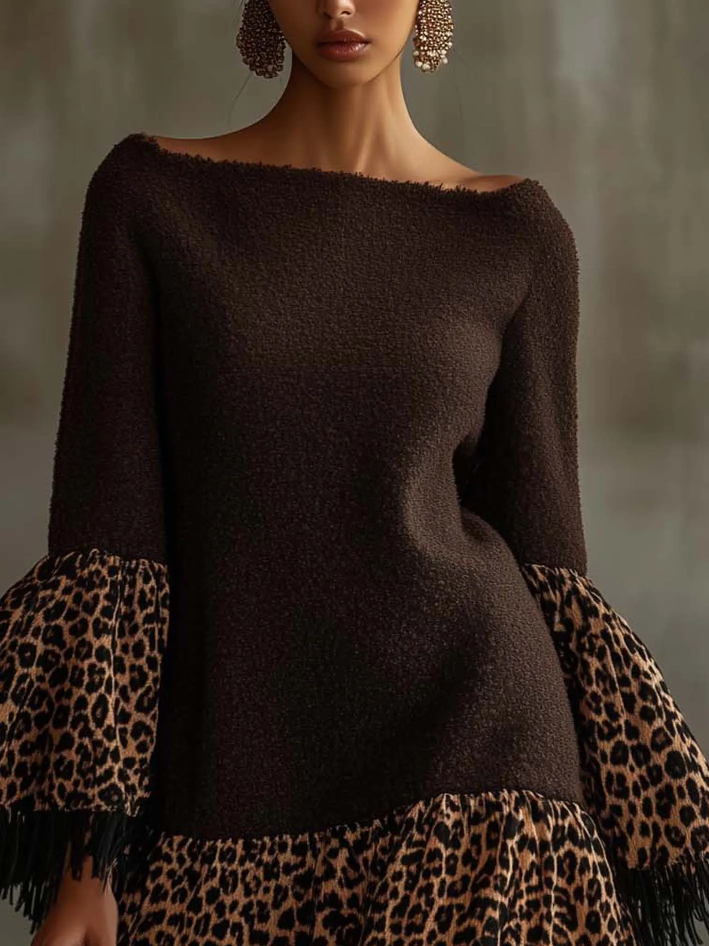 Chocolate Knitted Mini Dress With Leopard Print And Tassels