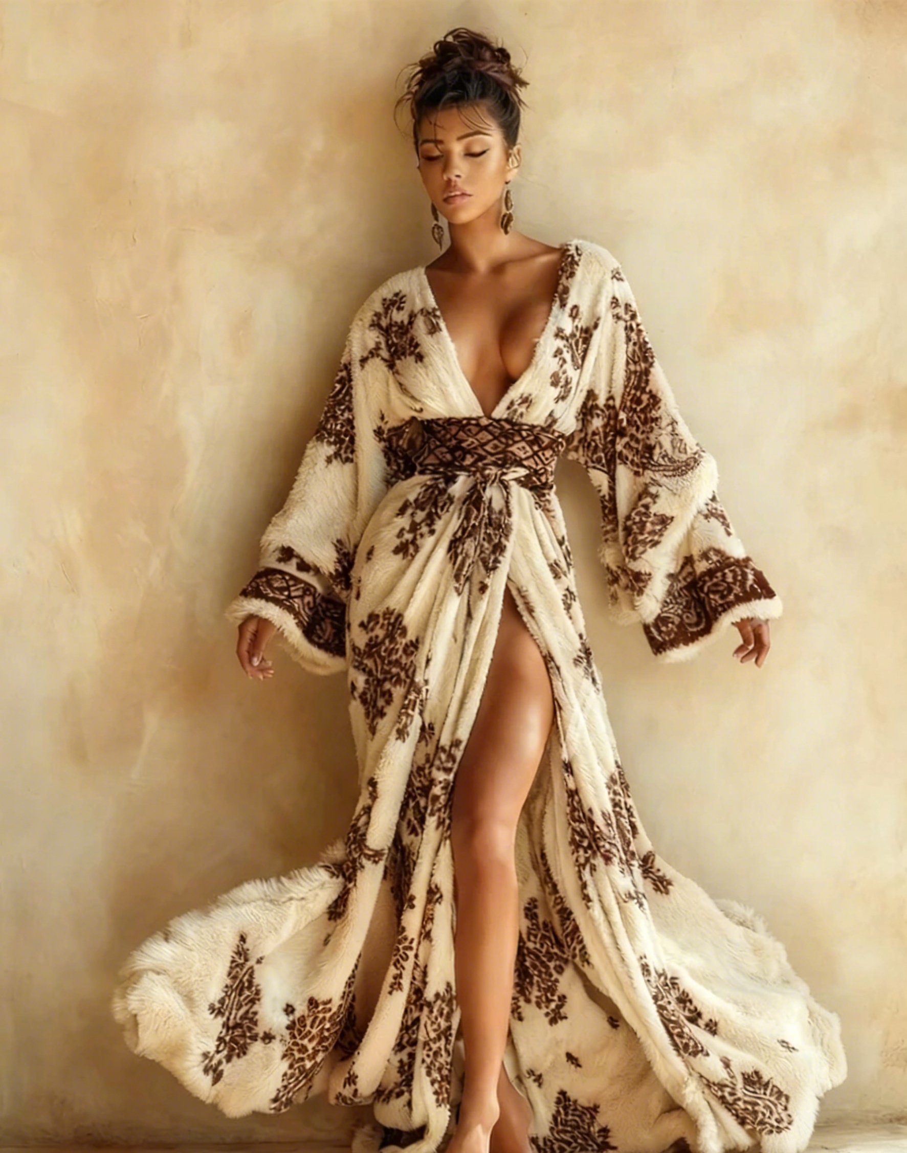 Art Print Kimono Long Gown Plush Robe With Belt