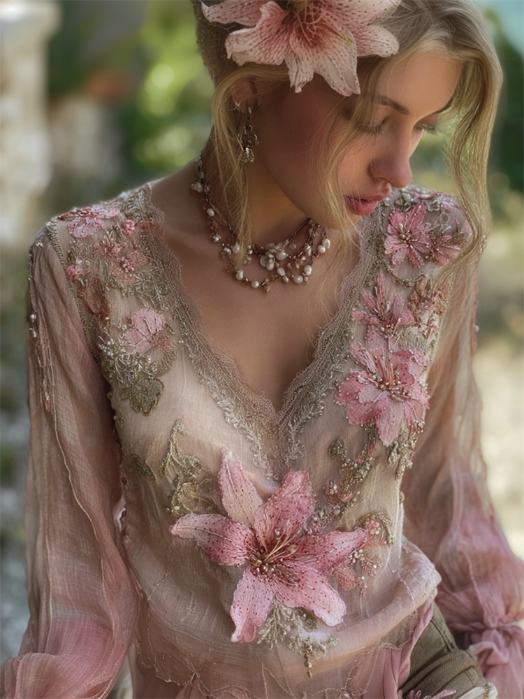 Boho Pink Lily Floral Lace V Neck Tunic
