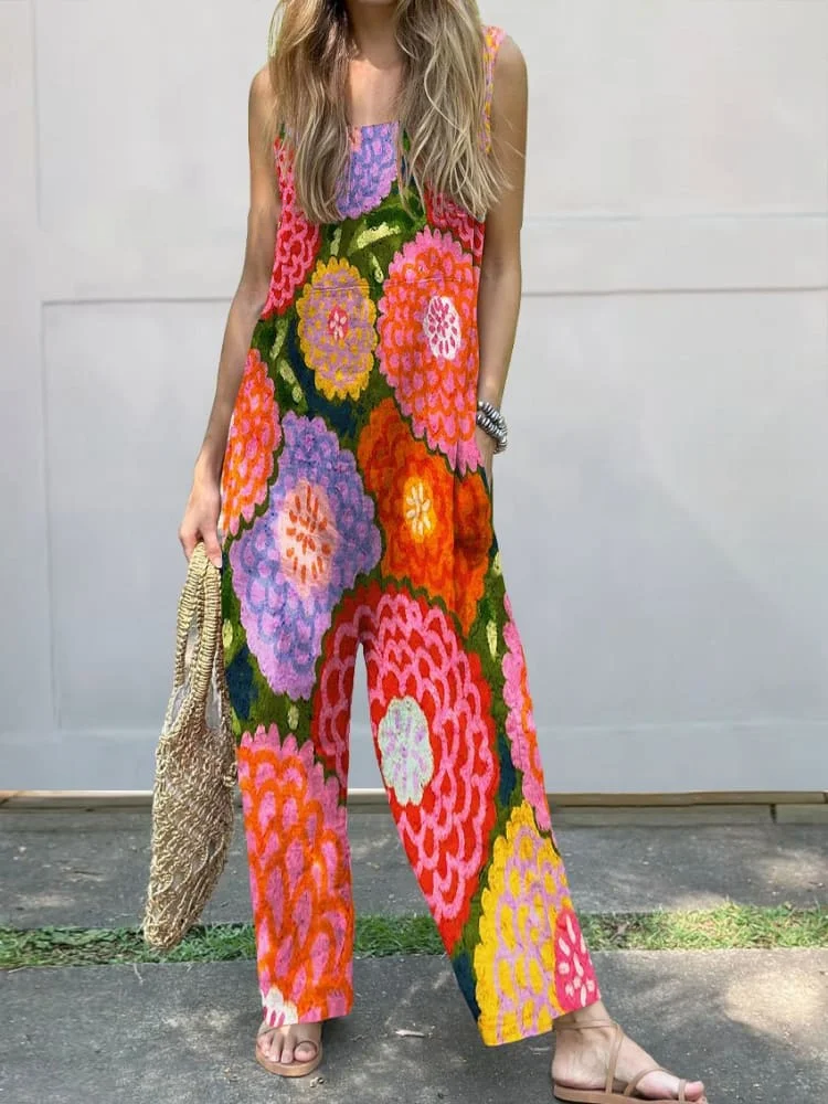 Vintage Flower Art Print Casual Wide-Leg Jumpsuit