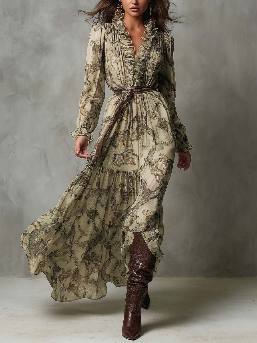Ruffled V-Neck Chiffon Maxi Dress – Desert Python Print