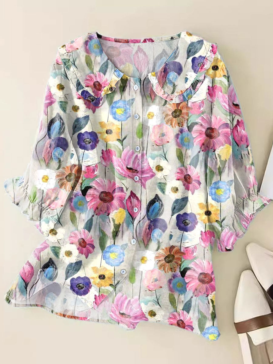 Fresh Floral Art Print Loose Top Peter Pan Collar Half Sleeve Blouses