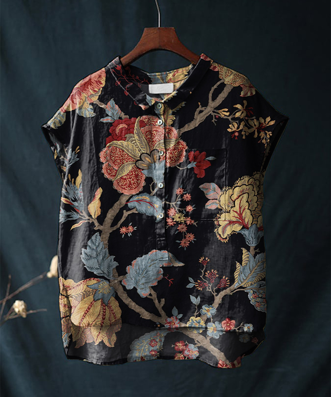 Vintage Floral Print Short-sleeved Cotton & Linen Shirt
