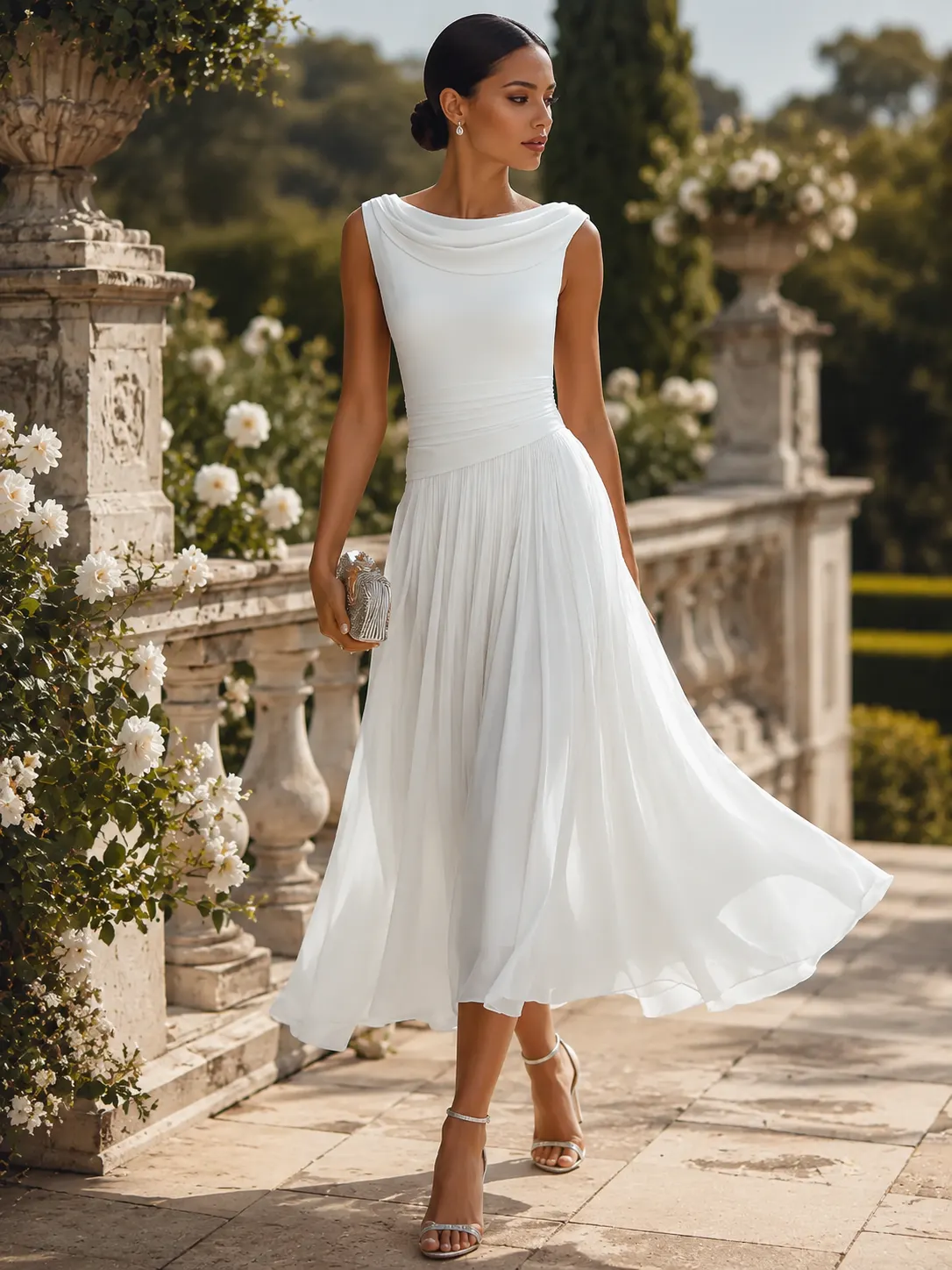 Draped Neck Sleeveless Midi Dress