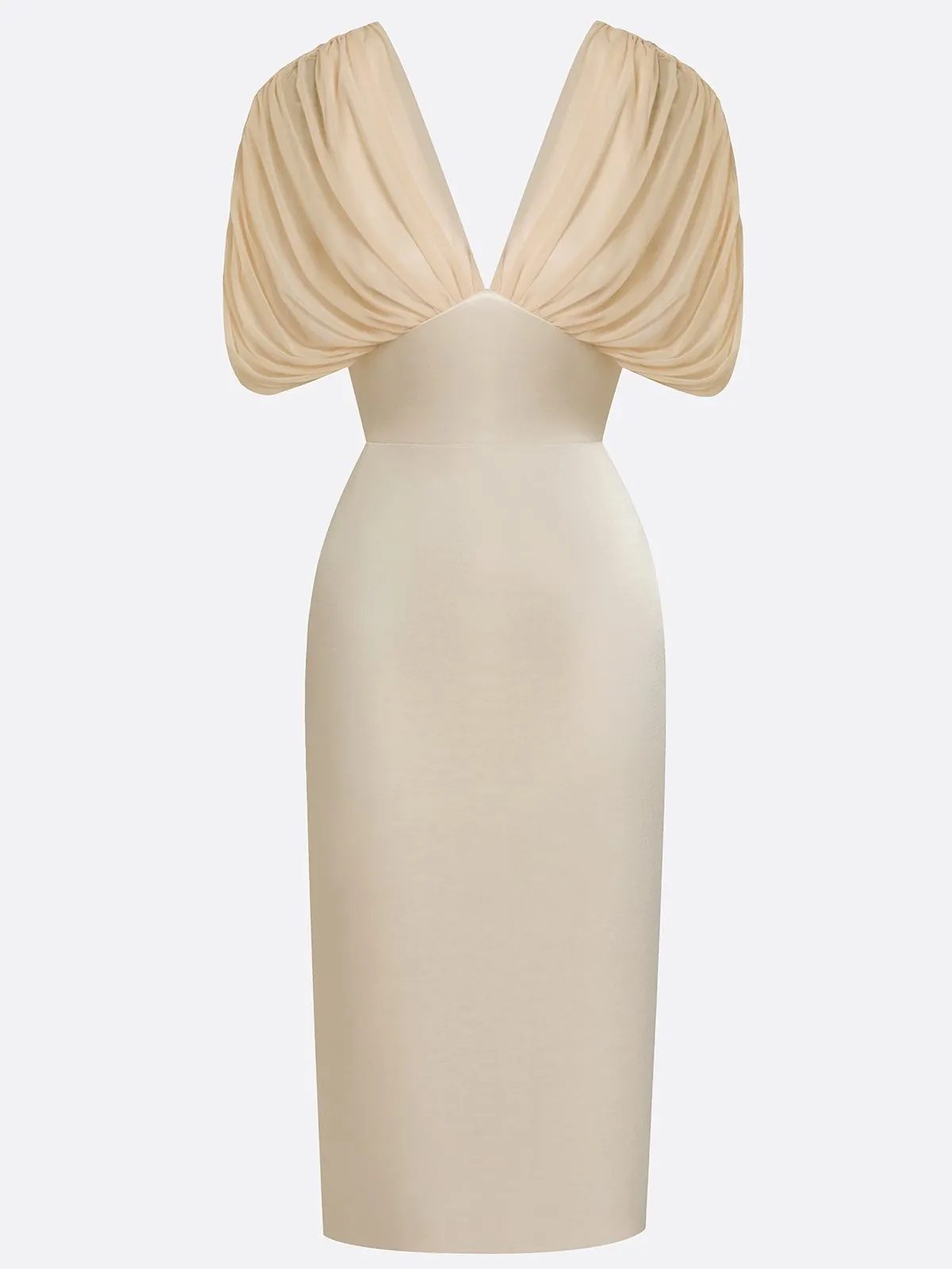 Champagne Ruched Satin V-Neck Short-Sleeve Raglan Sleeves Sheath Midi Dress