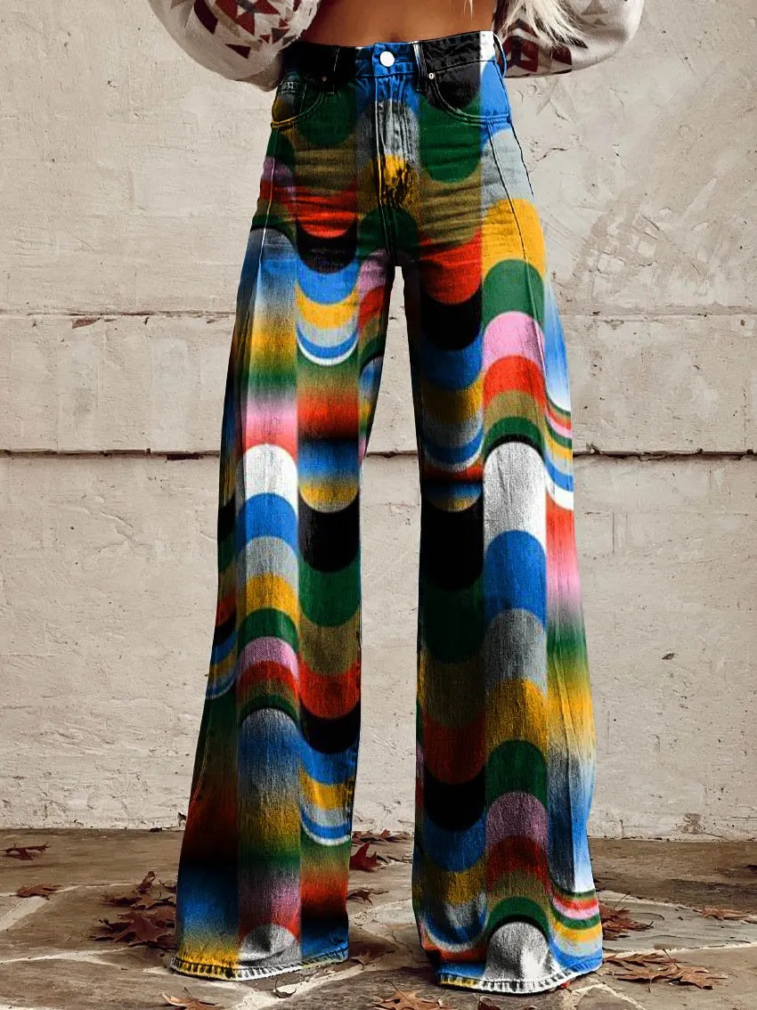 Dazzle Wave Print Casual Wide-Leg Pants