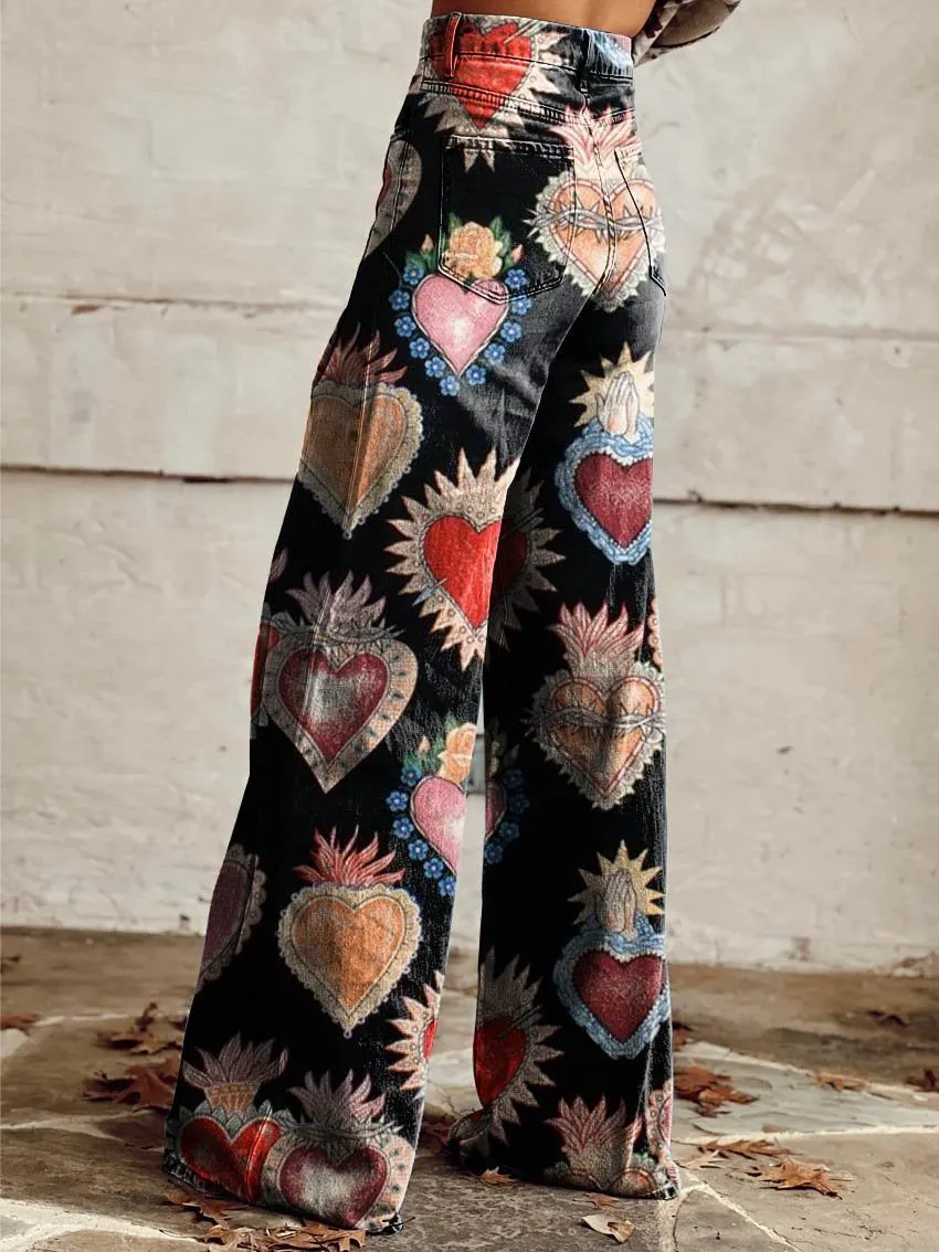 Black Heart Print Casual Wide-Leg Pants