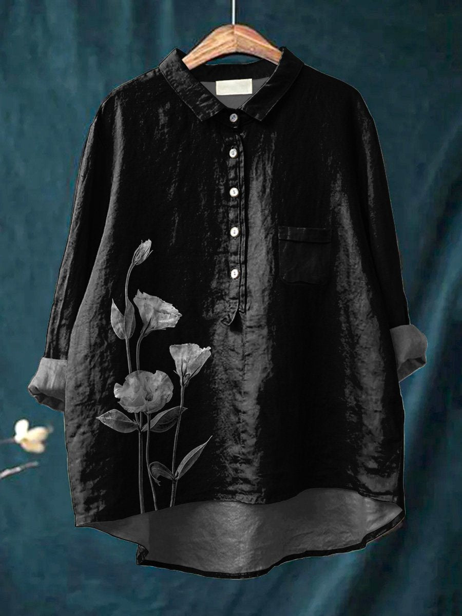 Ink & Wash Style Floral Printed Women's Casual Cotton & Linen Shirt
