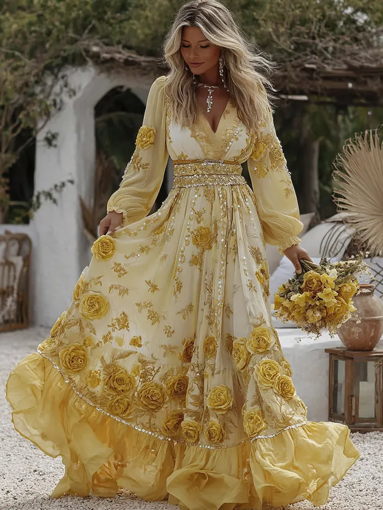 Women's Vintage Yellow Roses And Floral Art Print V-neck Long Sleeve Maxi Dress