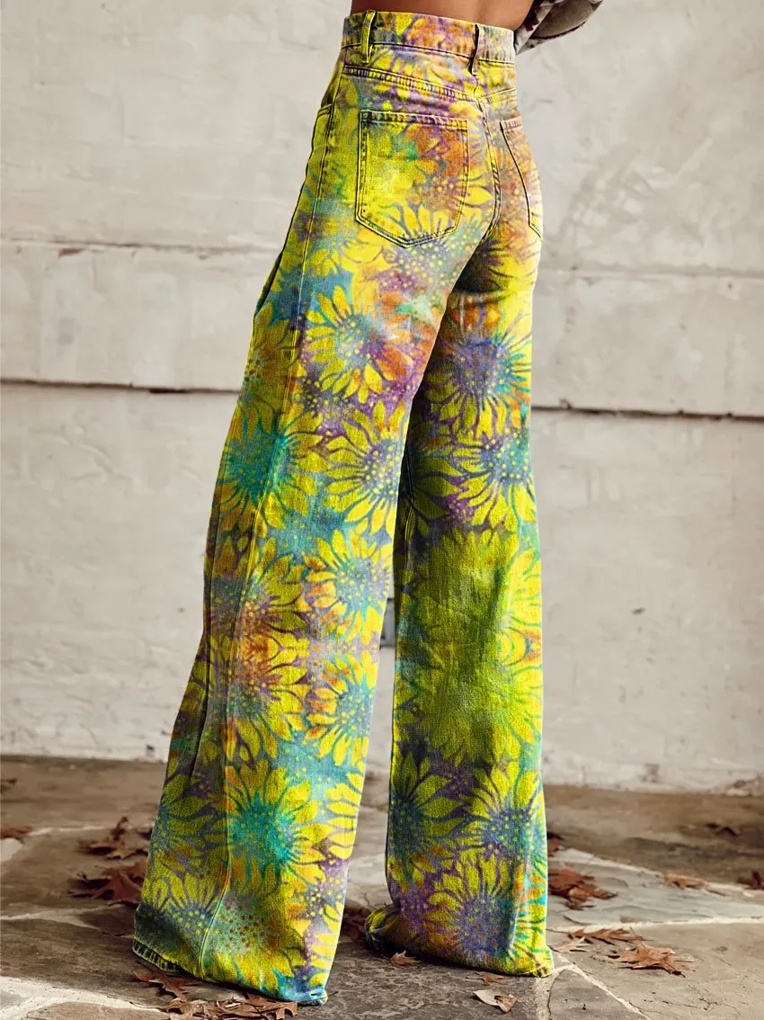Vintage Print Casual Wide-Leg Pants