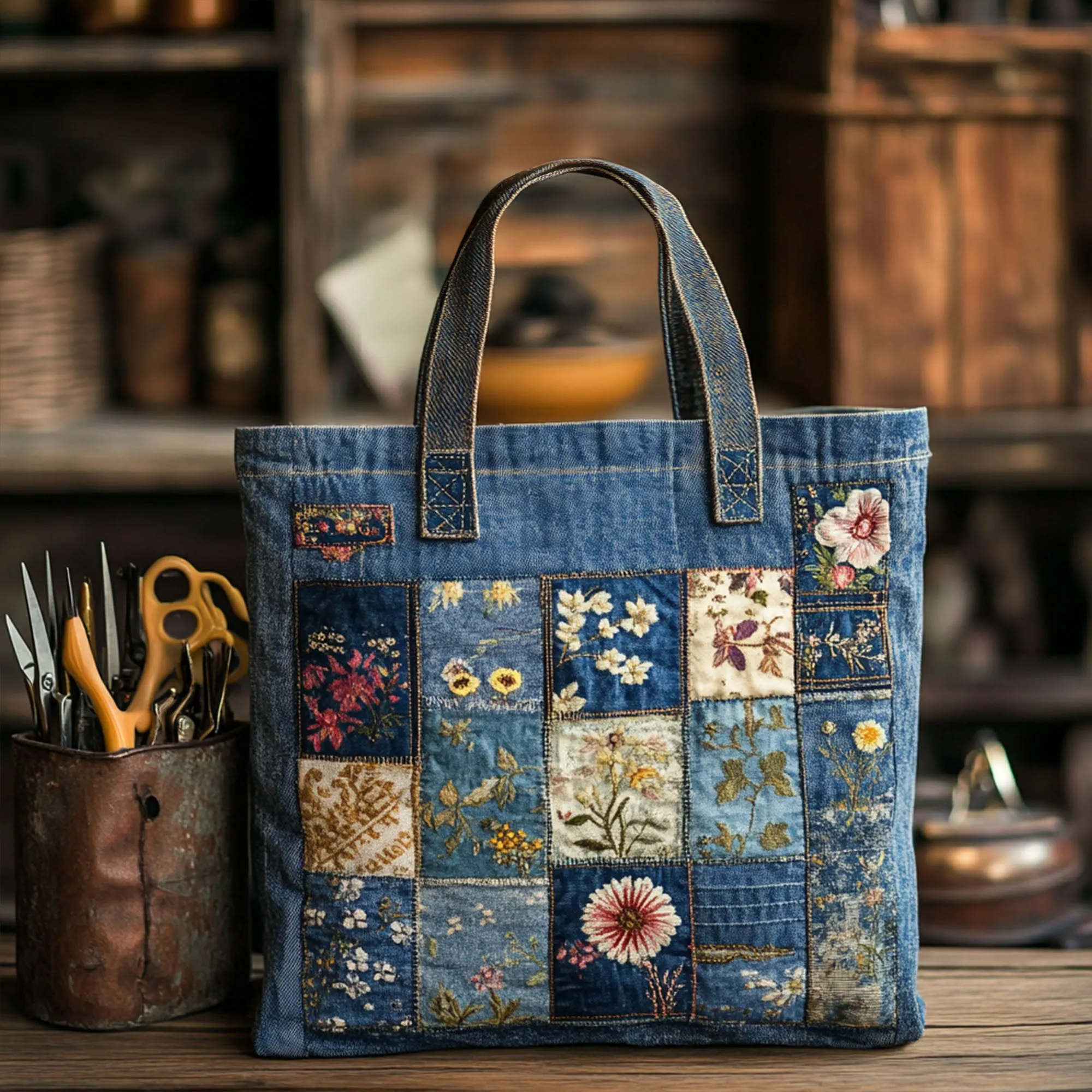 Denim Blossom Quilted Tote Bag
