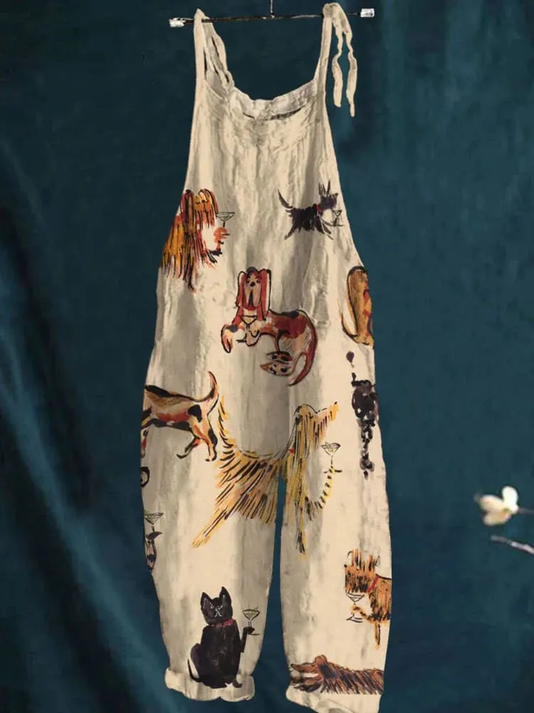 Vintage Lovely Dogs Art Print Casual Wide-Leg Jumpsuit