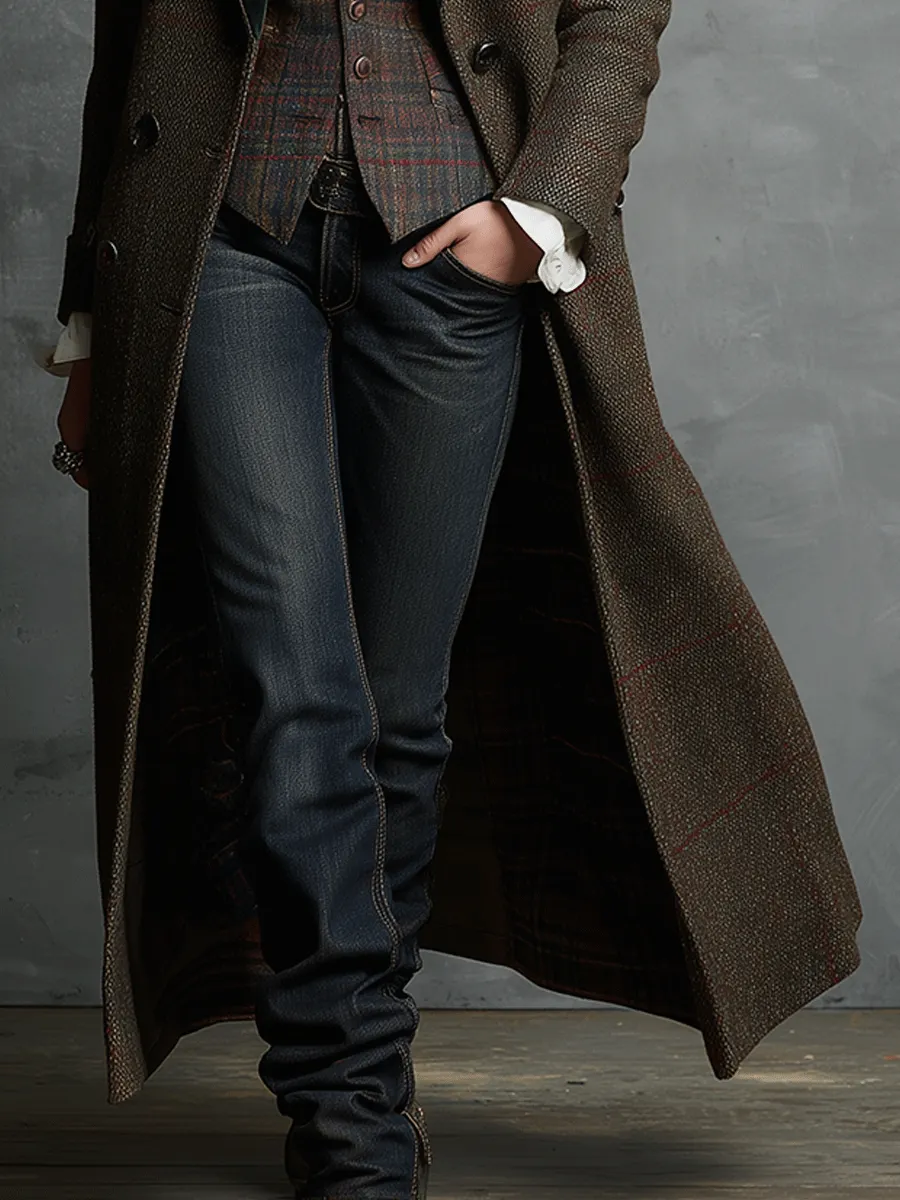 Heritage Vintage Tailored TweedVelvet Collar Detail Long Coat