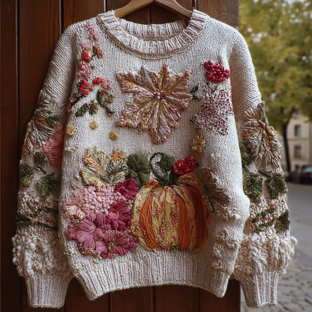 Pumpkin And Flower Multi-color Plush Warm Round Neck Sweater