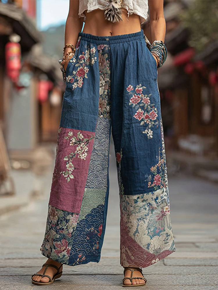 Retro Japanese Floral Wave Patchwork Linen Pants