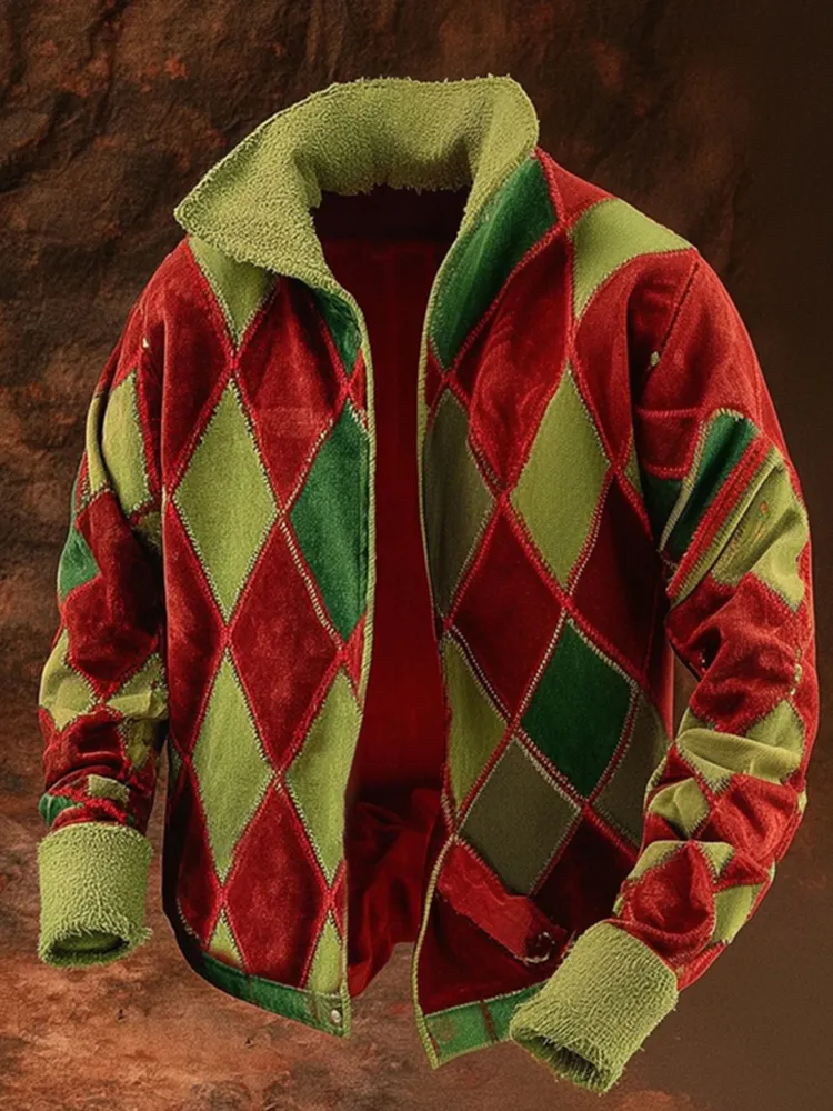 Men's Christmas Contrast Geometric Block Zip Sweatshirt
